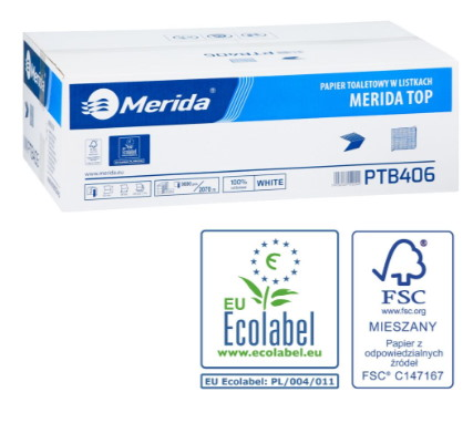 Papier toaletowy w listkach MERIDA TOP, biały, dwuwarstwowy, karton 9000 szt., ECOLABEL