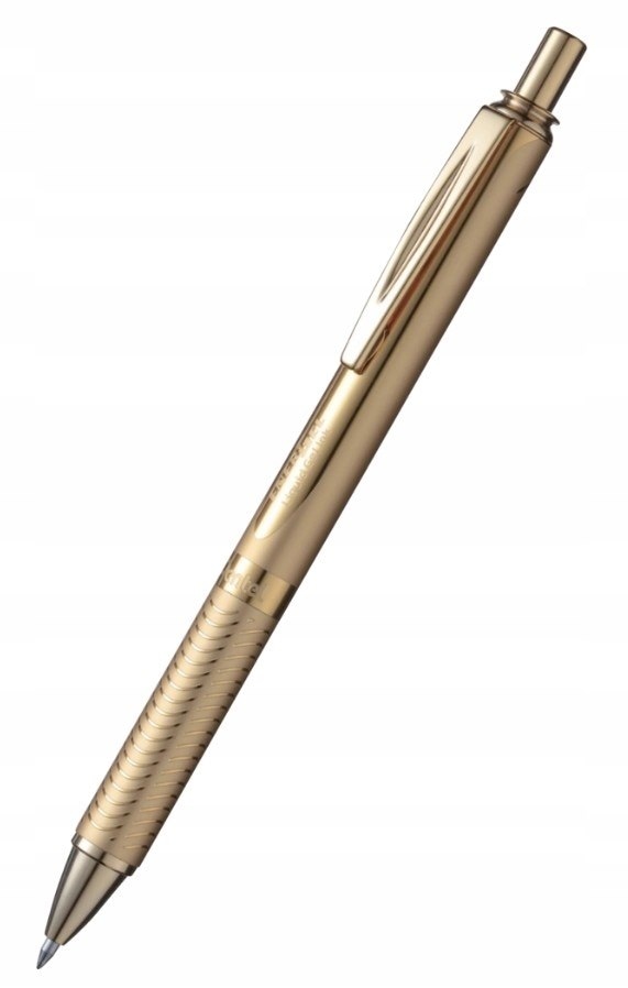 pióro kulkowe w aluminiowej obudowie z płynnym tuszem żelowym , na wkłady wymienne LR7, kolor tuszu NIEBIESKI, system przyciskowy, sprzedawane w etui złota obud. Pentel