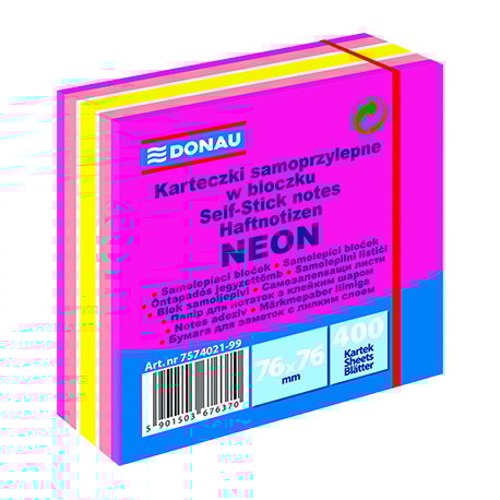 Kostka samoprzylepna DONAU, 76x76mm, 1x400 kart., neon-pastel, mix różowy
