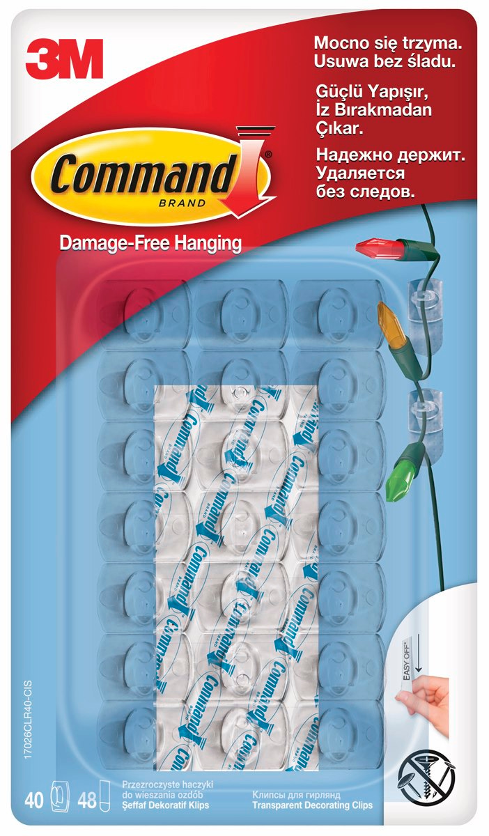 Haczyki COMMAND™ (17026CLR40), do wieszania ozdób, 40 haczyków i 48 mini pasków, transparentne