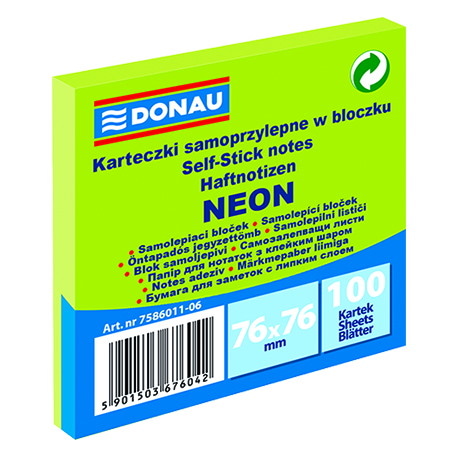 Bloczek samoprzylepny DONAU, 76x76mm, 1x100 kart., neon, zielony