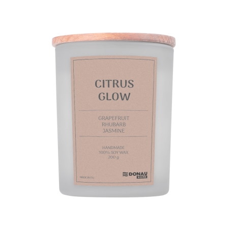 Świeca sojowa DONAU HOME, w szarym szkle, drewniana pokrywa i knot, Citrus Glow, 200g