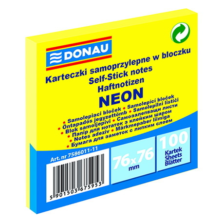 Bloczek samoprzylepny DONAU, 76x76mm, 1x100 kart., neon, żółty