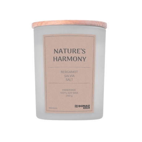 Świeca sojowa DONAU HOME, w szarym szkle, drewniana pokrywa i knot, Nature's Harmony, 200g
