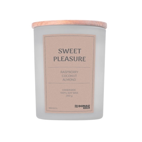 Świeca sojowa DONAU HOME, w szarym szkle, drewniana pokrywa i knot, Sweet Pleasure, 200g