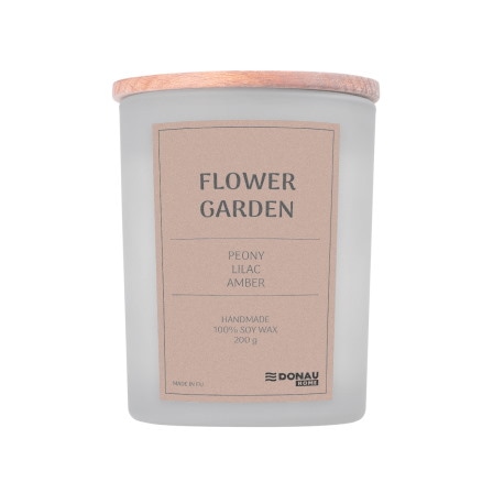 Świeca sojowa DONAU HOME, w szarym szkle, drewniana pokrywa i knot, Flower Garden, 200g