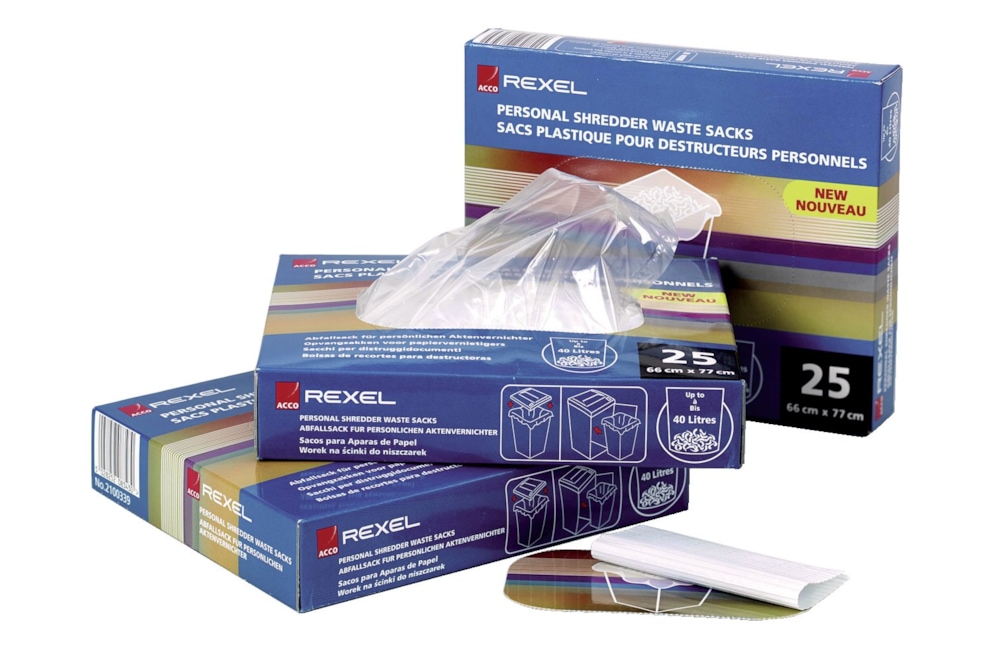 Plastikowe worki Rexel na ścinki do niszczarek, pojemność 115 litrów 100 szt./opak.
