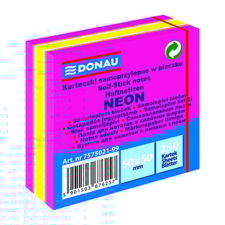 Mini kostka samoprzylepna DONAU, 50x50mm, 1x250 kart., neon-pastel, mix różowy