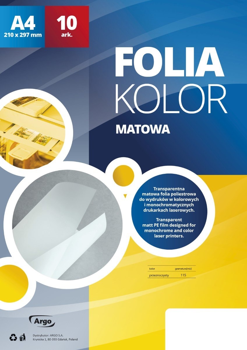 Folia do ksero /drukarki laserowej A4 matowa op 10 ARGO