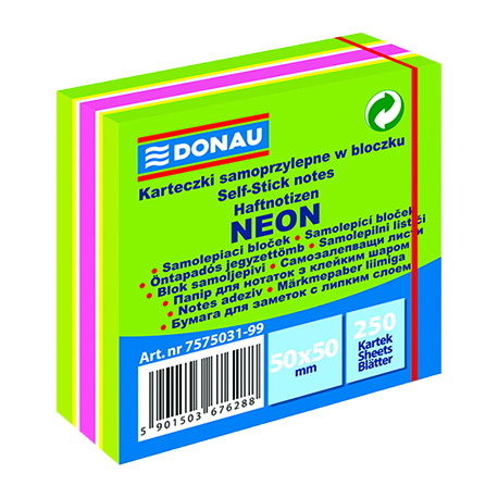 Mini kostka samoprzylepna DONAU, 50x50mm, 1x250 kart., neon-pastel, mix zielony