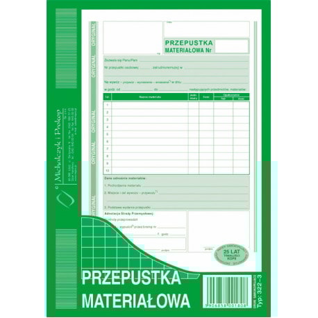Przepustka materiałowa A5 oryginał + 1 kopia 80 k, MIP 322-3