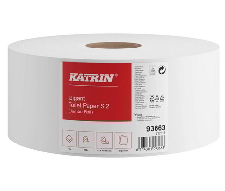 Papier toaletowy 93663 KATRIN jumbo papier 2 warstwowy makulatura biały 100mb / 12 sztuk 18cm średnica