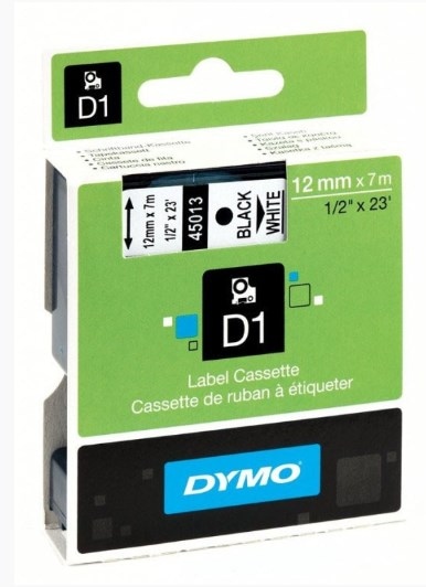 Taśma DYMO D1 etykiety, czarny nadruk na białym, 12 mm x 7 m, samoprzylepne etykiety do drukarek etykiet LabelManager, oryginalne