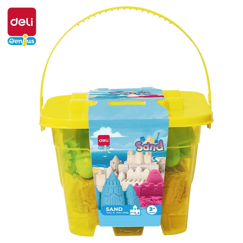 Piasek kinetyczny Deli EY013 w wiaderku 6 foremek żółty