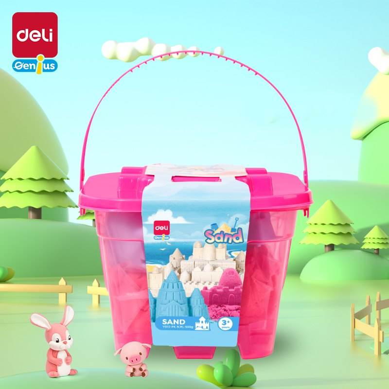 Piasek kinetyczny Deli EY013 w wiaderku 6 foremek różowy