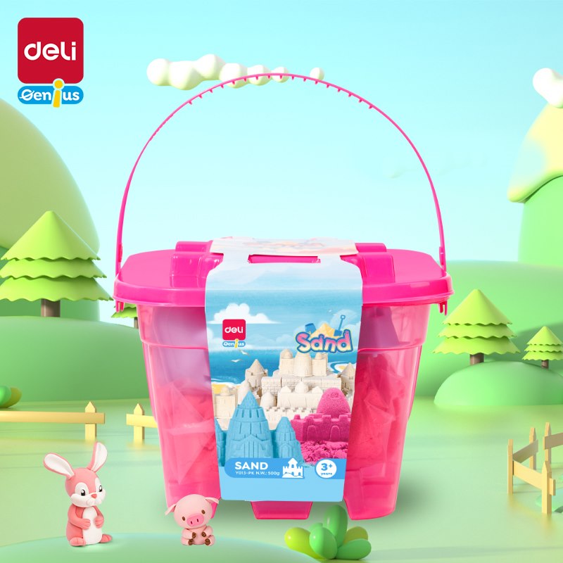 Piasek kinetyczny Deli EY013 w wiaderku 6 foremek różowy