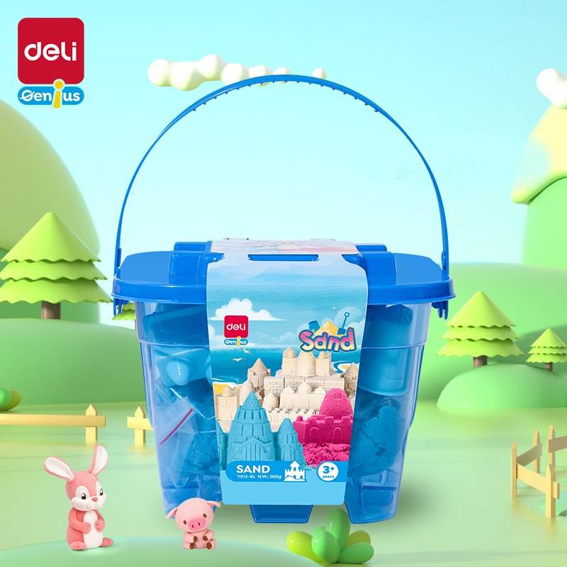 Piasek kinetyczny Deli EY013 w wiaderku 6 foremek niebieski
