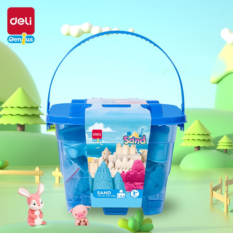 Piasek kinetyczny Deli EY013 w wiaderku 6 foremek niebieski