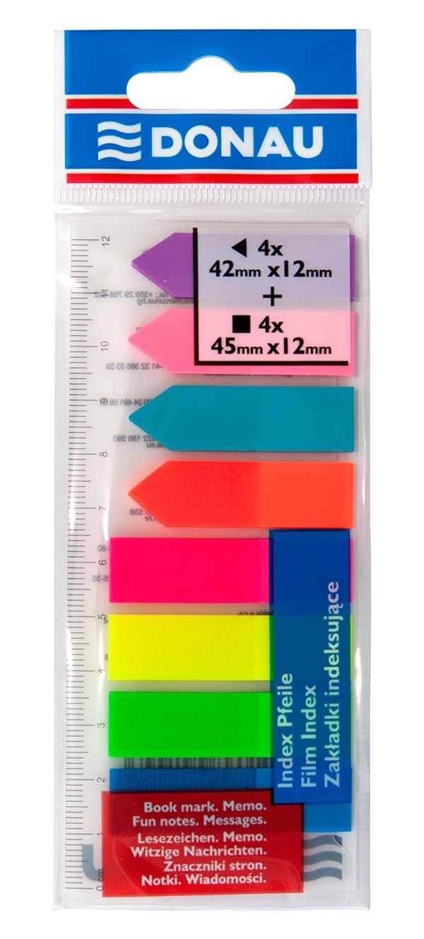 Zakładki indeksujące DONAU, PP, 12x45mm/12x42mm, stand./strzałka, 4x25/4x25 kart., mix kolorów