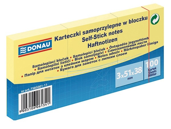 Bloczek samoprzylepny DONAU, 38x51mm, 1x100 kart., jasnożółty 3 szt./opak.
