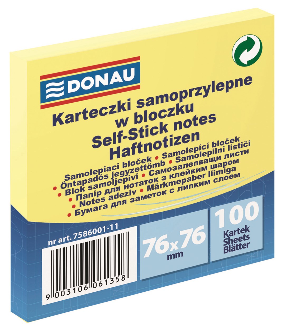 Bloczek samoprzylepny DONAU, 76x76mm, 1x100 kart., jasnożółty
