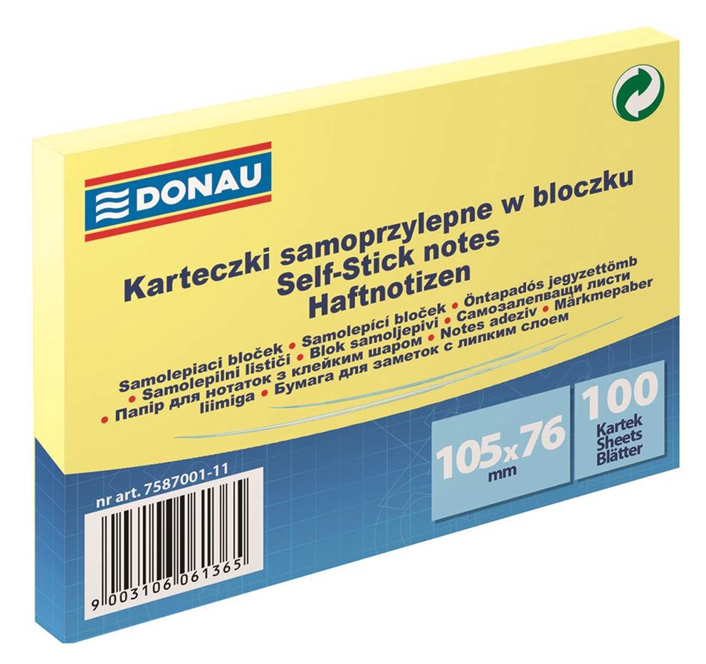 Bloczek samoprzylepny DONAU, 105x76mm, 1x100 kart., jasnożółty