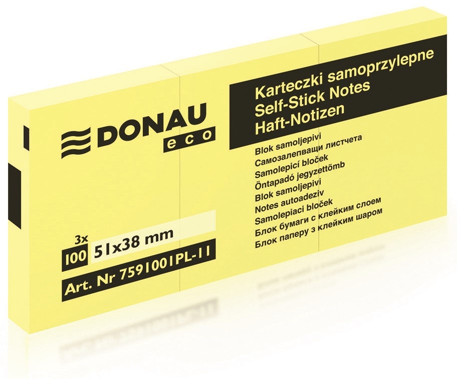 Bloczek samoprzylepny DONAU Eco, 38x51mm, 3x100 kart., jasnożółty 3 szt./opak.