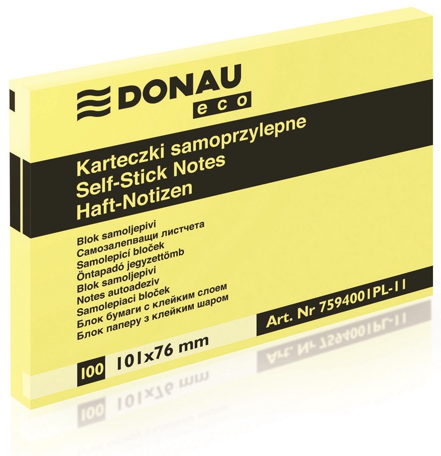 Bloczek samoprzylepny DONAU Eco, 101x76mm, 1x100 kart., jasnożółty