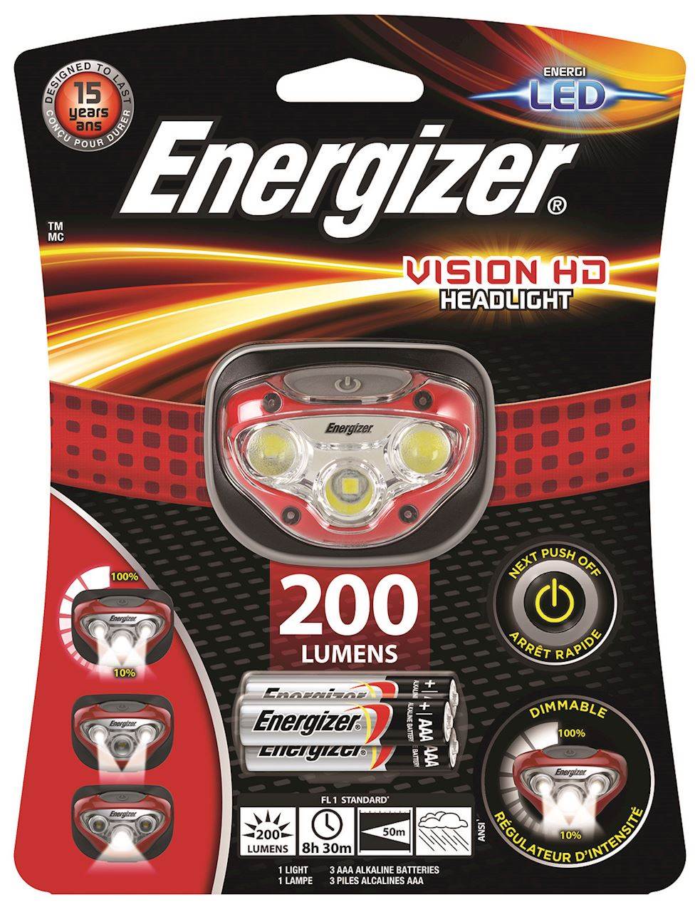 Latarka czołowa ENERGIZER Vision HD Headlight + 3szt. baterii AAA, czerowna