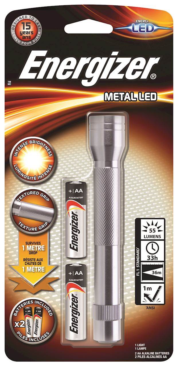 Latarka ENERGIZER Metal + 2szt. baterii AA, srebrna