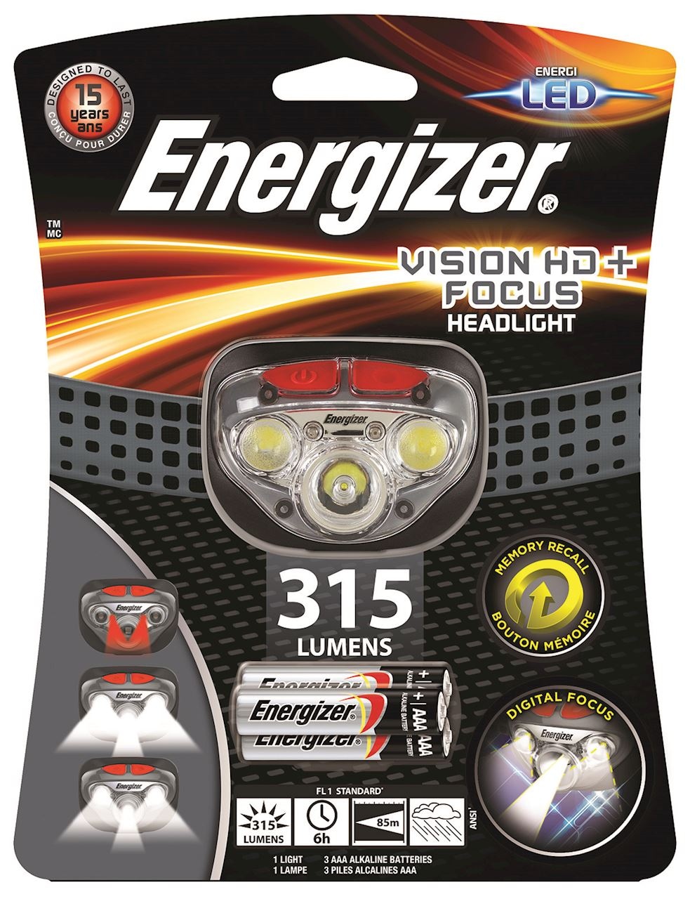 Latarka czołowa ENERGIZER Vision HD Plus Focus Headlight + 3szt. baterii AAA, szara