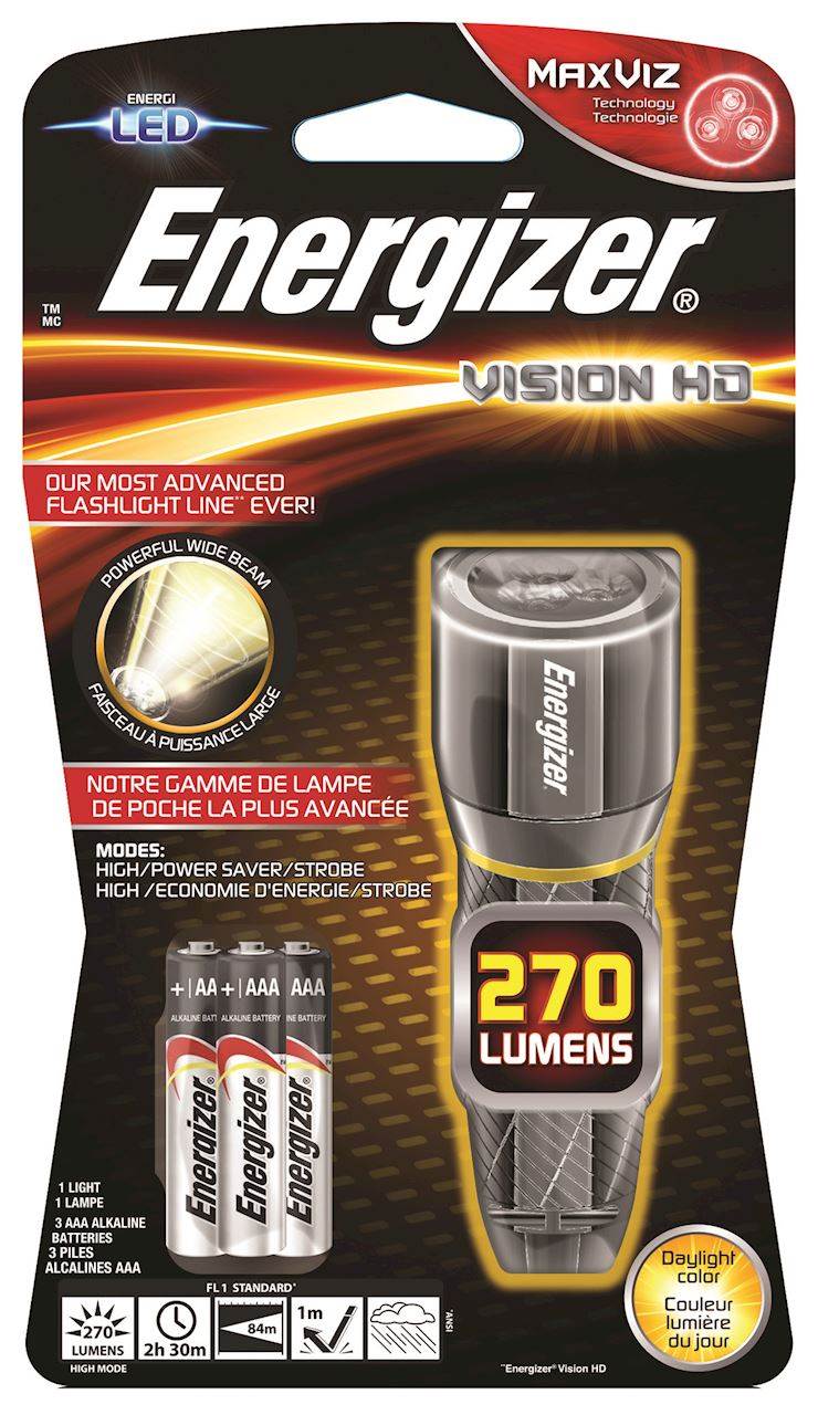 Latarka ENERGIZER Metal Vision HD + 3szt. baterii AAA, srebrna
