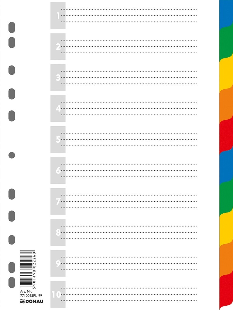Przekładki DONAU, PP, A4, 225x297mm, 10+1 kart, mix kolorów