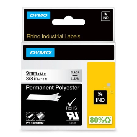 Dymo Rhino trwałe etykiety poliestrowe do zastosowań przemysłowych 9 mm x 5,5 m - czarne na przezroczystym