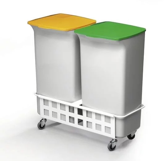 DURABIN 2 x 40 WITH TROLLEY AND LIDS zestaw dwóch szarych pojemników 40 l z pokrywami (zielony i żółty) + wózek szary