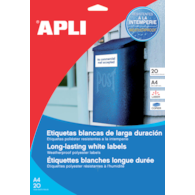 Etykiety poliestrowe APLI, 210x297mm, prostokątne, białe 20 ark.