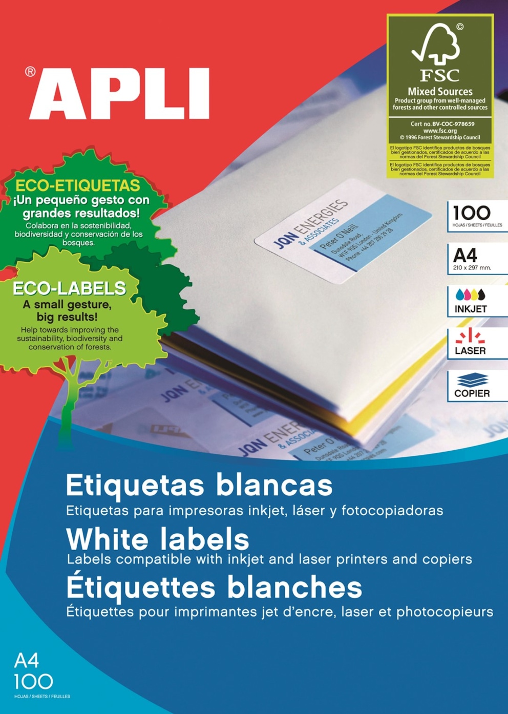 Etykiety uniwersalne APLI, 70x33,8mm, prostokątne, białe 100 ark.