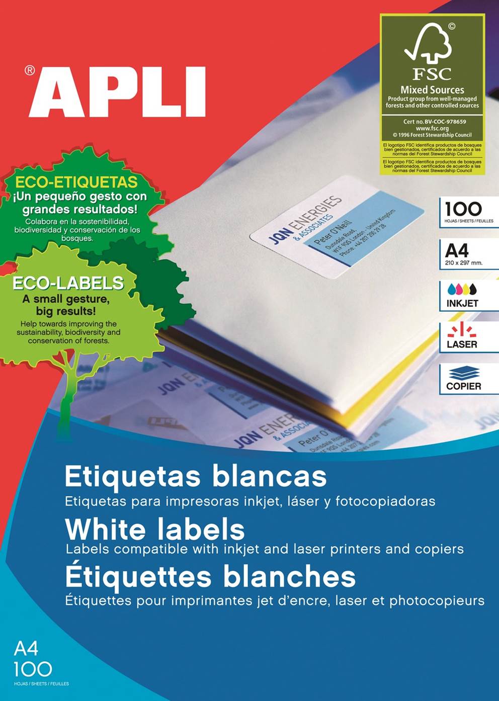 Etykiety uniwersalne APLI, 38x21,2mm, prostokątne, białe 100 ark.