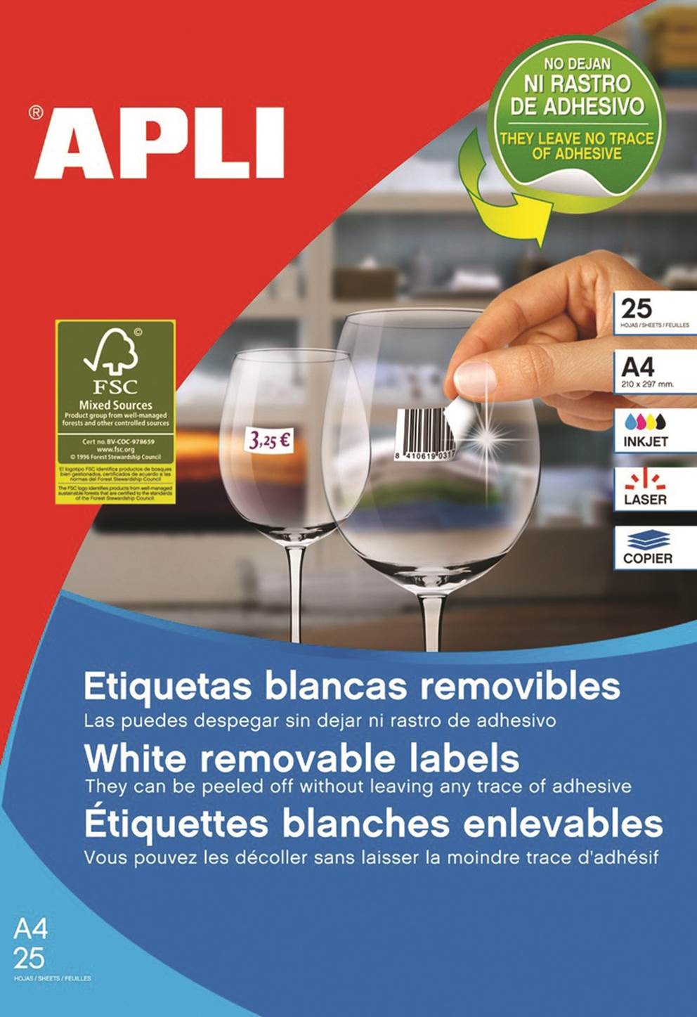 Etykiety uniwersalne APLI, 35,6x16,9mm, FSC, wielokrotnego użytku, 25 ark., białe