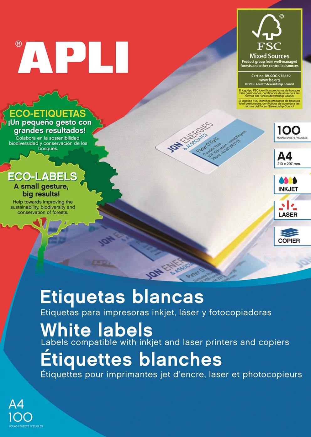 Etykiety uniwersalne APLI, 105x37mm, prostokątne, białe 100 ark.