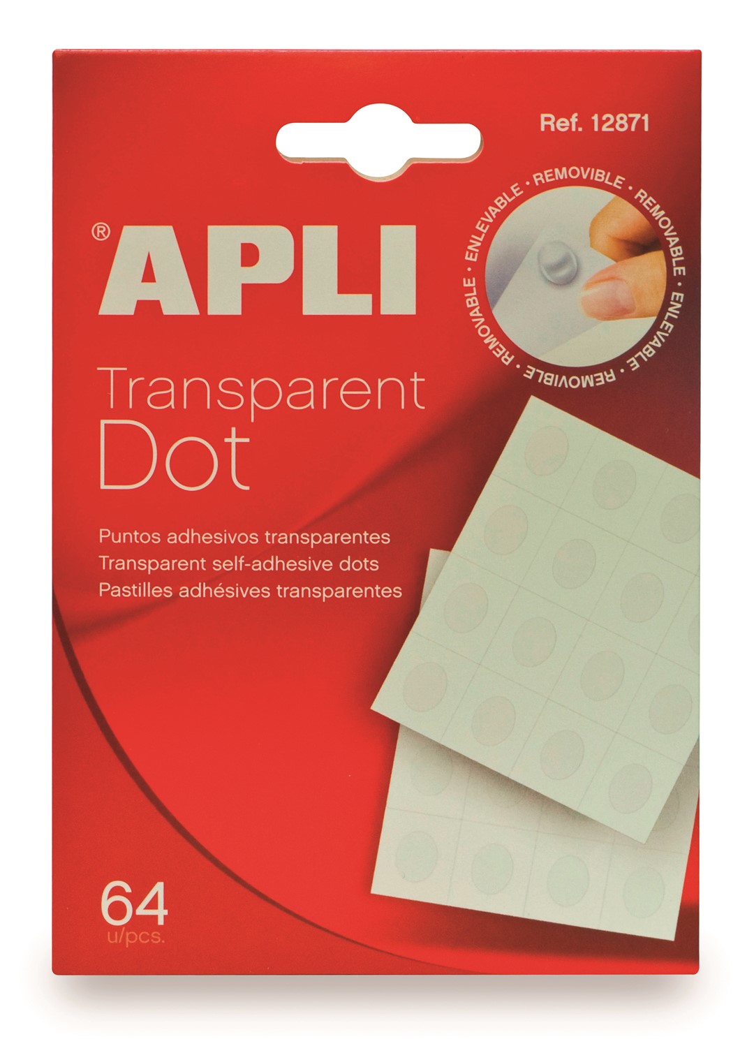 Kółka mocujące APLI typu  dot , usuwalne, 64szt., transparentne