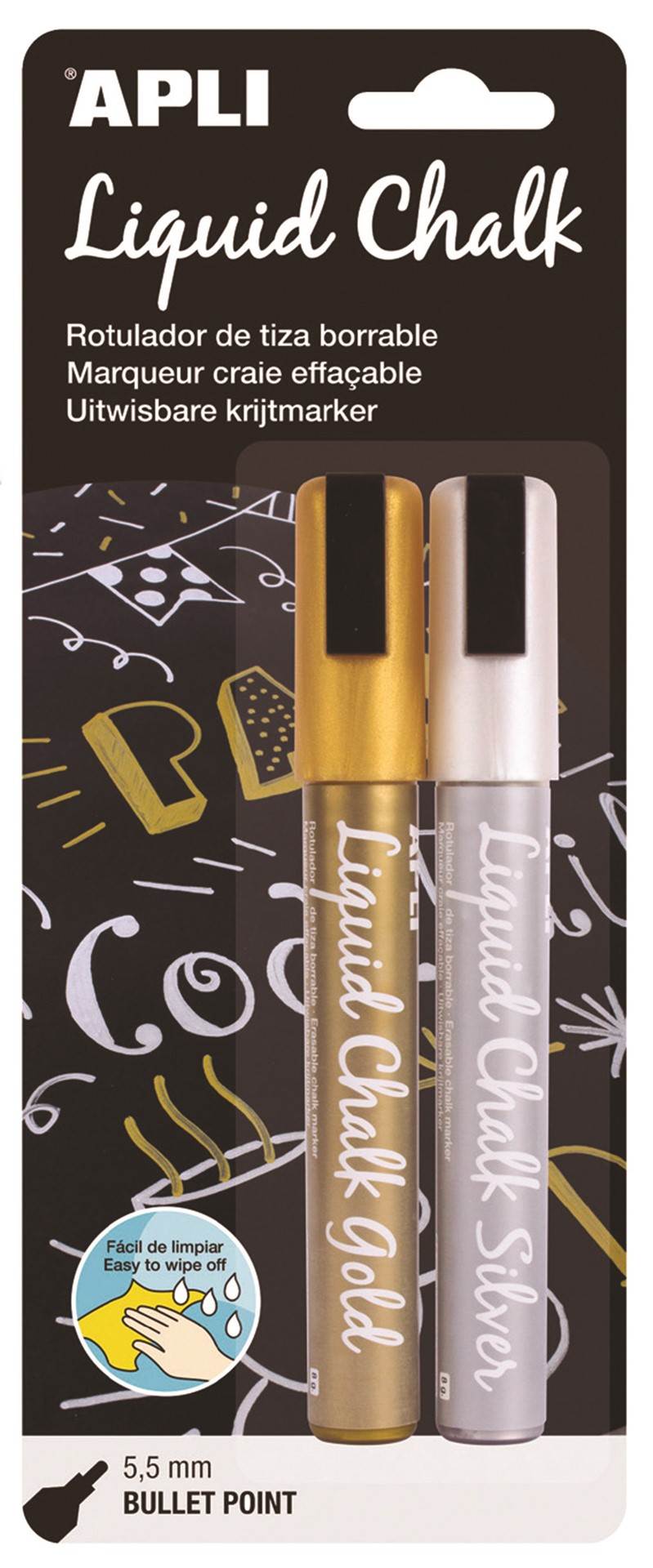 Marker kredowy APLI, 5,5 mm, blister 2 szt., złoty/srebrny