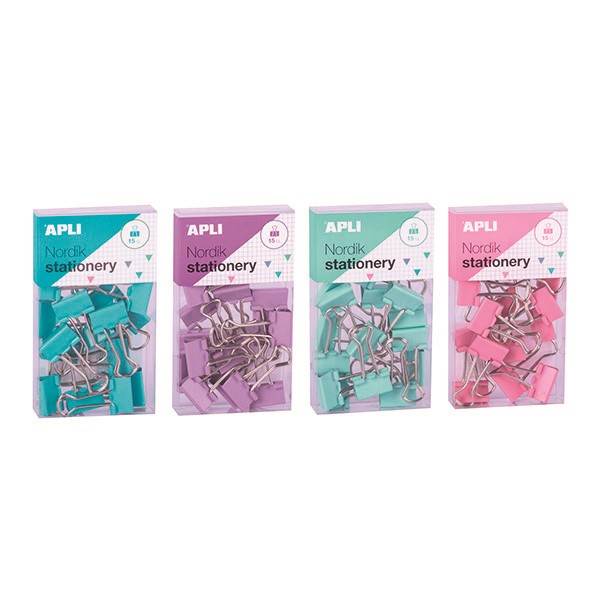 Klipy do dokumentów APLI Nordik, 19 mm, 15 szt., pudełko z zawieszką, mix kolorów pastel
