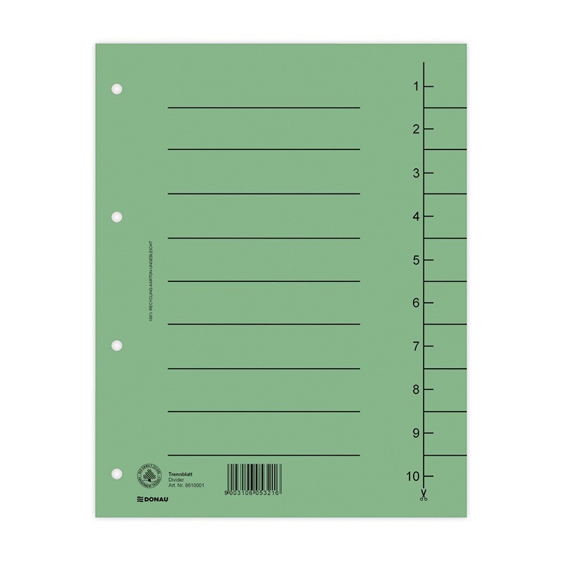 Przekładka DONAU, karton, A4, 235x300mm, 1-10, 1 karta, zielona