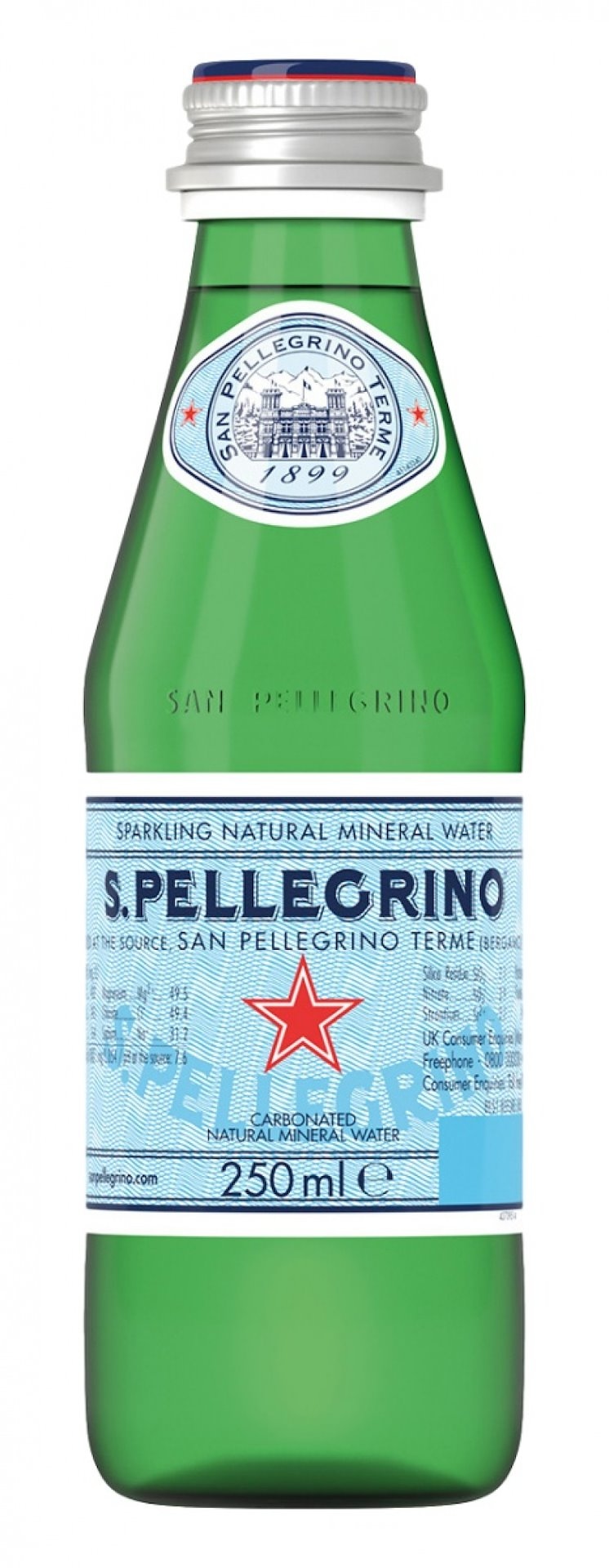 WodaS.PELLEGRINO, delikatny gaz, butelka szklana, 0,25l
