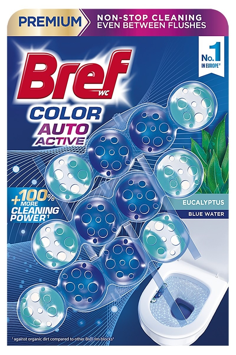 Kulki myjąco-zapachowe do toalet BREF Color Auto Active Eukaliptus, barwiące, 3x50g