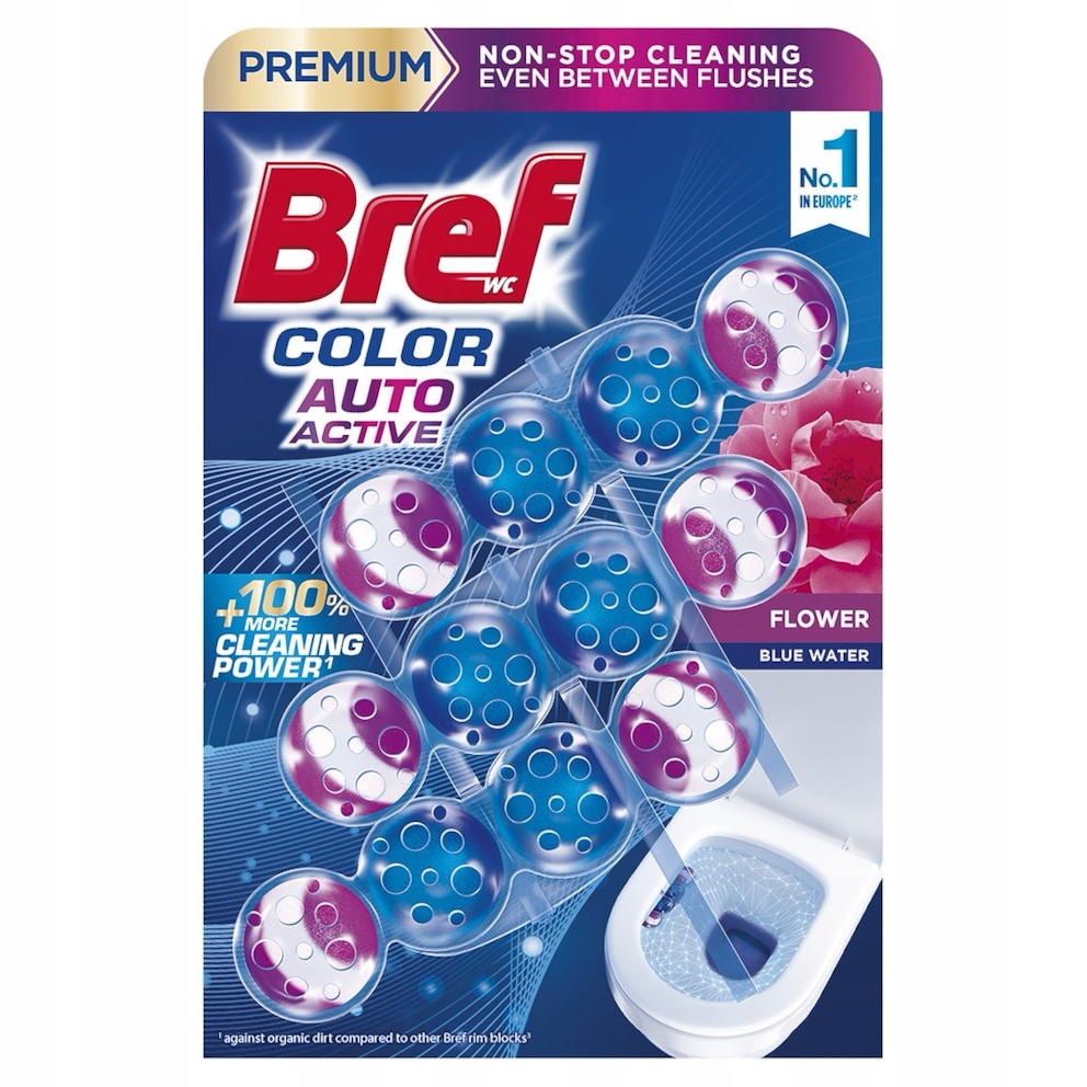 Kulki myjąco-zapachowe do toalet BREF Color Auto Active Flower, barwiące, 3x50g