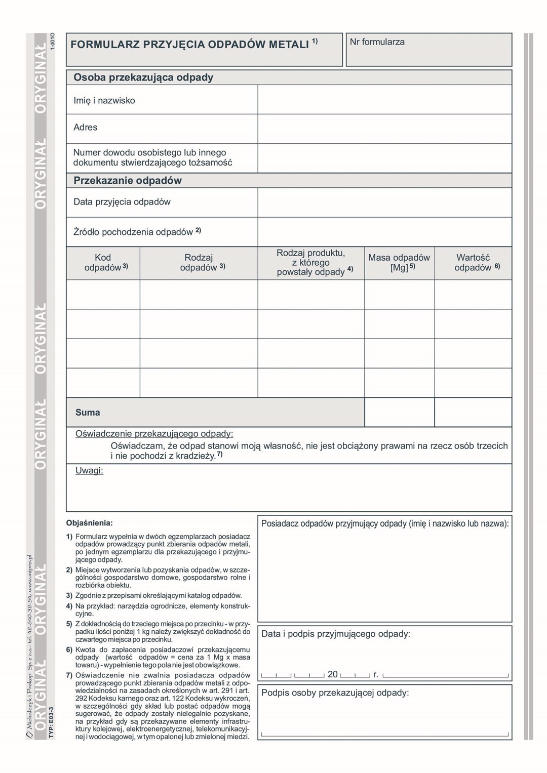 Formularz przyjęcia odpadów metali