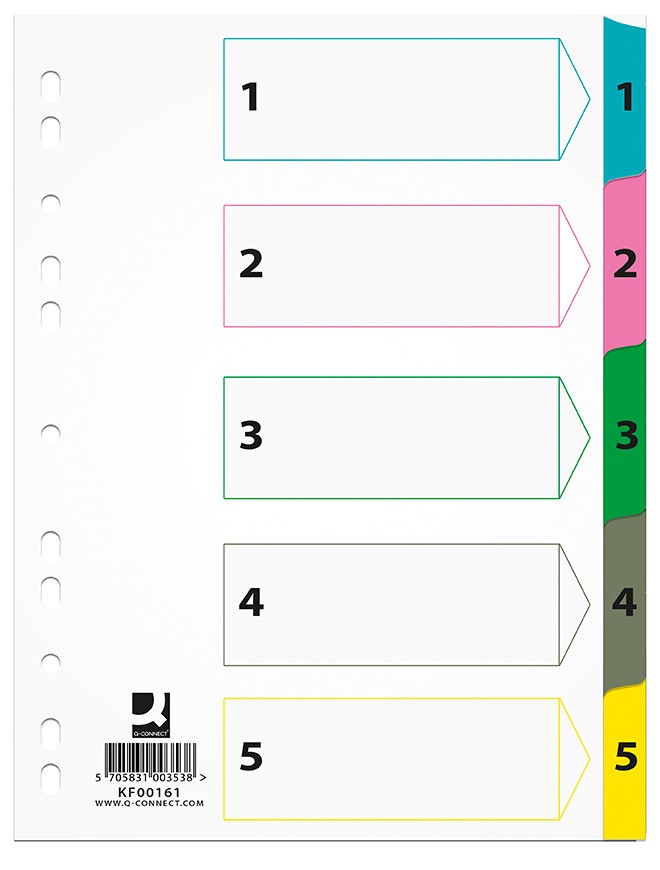 Przekładki Q-CONNECT Mylar, karton, A4, 225x297mm, 1-5, 5 kart, lam. indeks, mix kolorów