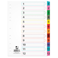 Przekładki Q-CONNECT Mylar, karton, A4, 225x297mm, 1-12, 12 kart, lam. indeks, mix kolorów